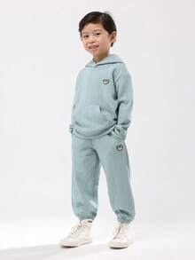 SUMWON Kids Quilted Textured Hoodie Jogger Set Cozy Winter Wear Matching Drawstring Hood Elastic Cuff Coordinated Outfit - Green - View 1