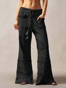 Bohemela Bohemian Style Solid Color High Waist Flare Leg Knit Pants, Spring/Summer,Fall - Black - View 5