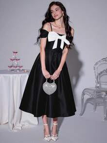 SHEIN MOD Damen Farbblock Off-Shoulder elegantes Kleid mit Schleifendekor in Mittellänge