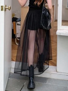 DAZY Falda transparente de unicolor con malla y efecto vaporoso para mujer - Negro - Ver 5