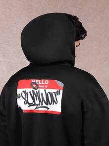 SUMWON 姓名标签风格短款休闲连帽衫都市街头风格涂鸦印花套头衫签名系列秋冬外套 - 黑色 - 查看 6