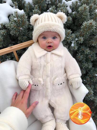 SHEIN Babyflickor söt björnjacquard termofodrad långärmad jumpsuit, vardagliga ytterkläder för vinter vinter babykläder höst