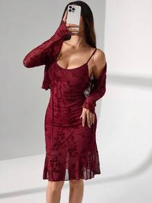 Modelyn Bộ trang phục thanh lịch màu đỏ rượu vang, váy yếm + áo khoác cardigan dài tay, phù hợp cho mùa xuân và mùa thu - Màu Đỏ Sâu - Xem 9