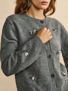 Arave 手工亮片串珠装饰宽松针织开衫 - 灰色 - 查看 2