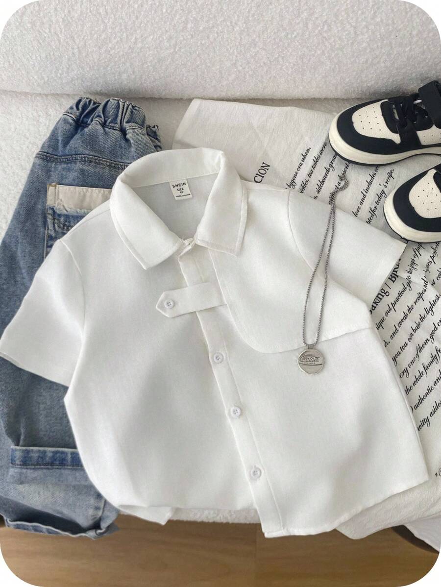 SHEIN 男童休闲多口袋工作服风格纯色梭织衬衫,适合学校、花园、海滩、生日,适合春、夏、秋、冬四季 - 白色 - 查看 1