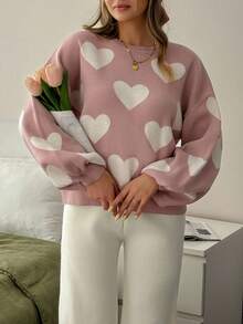 EURMUSE Damen Herzenmuster Rundhals Lässig Langarm Pullover und Strickjacke Hose 2-teiliges Set