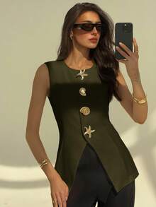 Aloruh Sleeveless Round Neck Minimalist Office Commute Blazer Jacket For Women With Metal Decor In Fall/Winter - Army Green - View 5