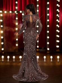 Glamrae 优雅奢华的巧克力棕色闪亮亮片刺绣可调节系带连衣裙，甜心领口，长袖，收腰，亮片装饰美人鱼下摆，适合庆典、舞会、商务活动、私人派对、生日、节日、婚礼和其他正式场合 - 咖啡棕 - 查看 2