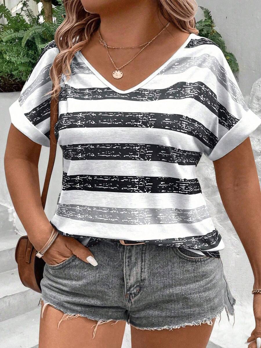 INAWLY Plus Size V-Neck Short Sleeve Gradient Striped Print Casual Versatile Summer T-Shirt - Multicolor - View 1