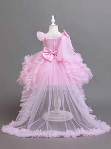 女婴拖尾裙，适合庆祝一岁生日的派对礼服 - 粉色 - 查看 2