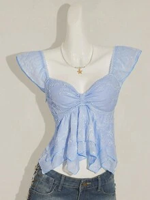 SHEIN ICON 女士褶皱前片修身性感镂空提花浪漫法式荷叶袖露背休闲度假短款吊带背心 - 藍色 - 查看 4