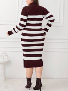 SHEIN Cottnline PLUS SIZE Burgundy STRIPE CASUAL Decent Elegant SWEATER DRESS Office Formal Formal Autumn - Brown - View 2
