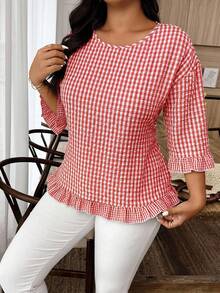 Weeklong Plus Size Women Casual Plaid Ruffle Trim 3/4 Sleeve Shirt - Red - View 4