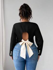 Elenzga Plus Size Black And White Women's Front Open Long Sleeve Jacket,Round Neck Curved Hem Hollow Bowknot,Elegant Office Autumn For Commuting Dates Outings - Black - View 2