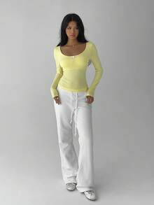 FavEase Top galben cu decolteu în U, croială strâmtă, mânecă lungă, cu pernițe la piept, brodat cu scoici și funde, ținută elegantă, casual, de zi cu zi, potrivită pentru primăvară/toamnă - Galben - Vizualizare 7