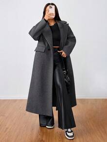 SHEIN Unity 休闲翻领长款大衣 - 深灰色 - 查看 4