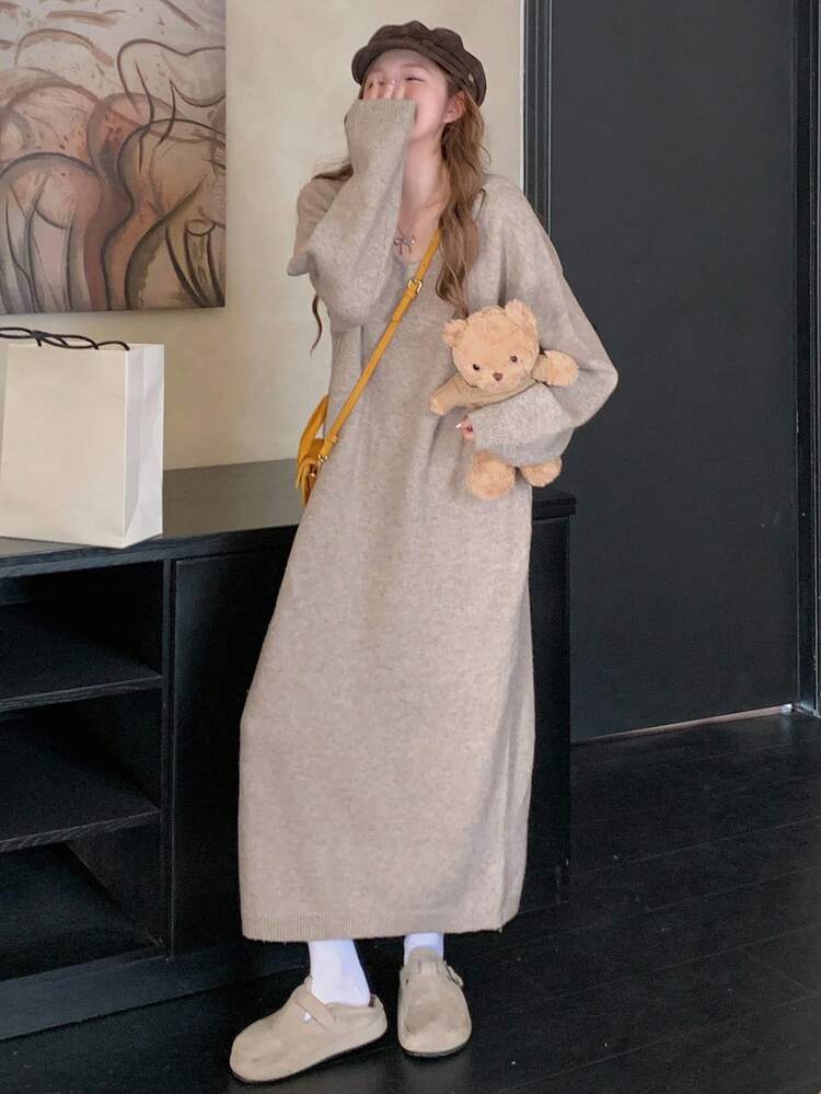 Women's Solid Color V-Neck Drop Shoulder Long Sleeve Loose Casual Knit Dress, Autumn/Winter Sweater Dress