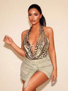 Sirith Fashionable Foil Leopard Print Sexy Bodysuit For Women - Brown - View 1