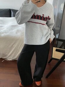 DAZY 撞色字母提花宽松休闲街头风圆领长袖针织毛衣女秋冬 - 灰色 - 查看 3