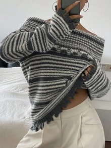 DAZY كنزة صوفية طويلة الأكمام ذات ياقة منحرفة مناسبة للنساء، بتصميم أنيق وكاجوال، بتباين الألوان الأسود والأبيض، مناسبة للخريف والشتاء - الأسود - مشاهدة 4