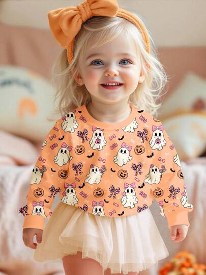 SHEIN Happikins Babyflickor Magiskt Rosa, Halloweenpumpa, Spöke, Rosett, Bus eller godis, Läskigt sött, Lilla Fröken Bootiful, Babyflickans Casual Minimalistisk Bekväm Mjuk Rundringad Tröja, Höstkläder, Enkel Komfort, Höstlager För Babyflickor, Snygg Babyflicka, Vardagskläder, Babyflickans Halloween Grafiska Kläder, Höstkläder, Lämplig För Utflykter, Gatustil, Hem, Fester, Picknick, Sammankomster Vinter