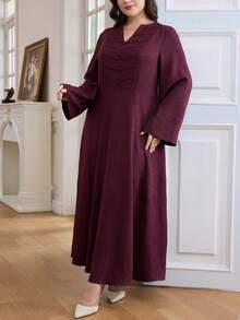 Al Najma Vestido feminino plus size elegante cor sólida manga sino estilo árabe - Borgonha - Ver 6