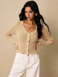 Poéselle Áo len dài tay đơn giản, tối giản, màu trơn dành cho nữ vào mùa thu/đông - Màu be - Xem 4