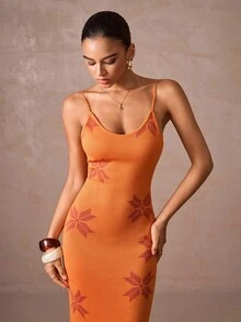 Lumalex 女式花卉图案修身优雅无袖针织连衣裙 - 橘色 - 查看 7