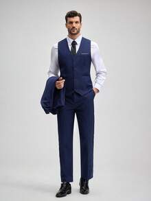 Officeau Traje de 3 piezas para hombre Furuyal, conjunto de traje elegante para caballero, blazer de solapa de dos botones con ajuste slim, chaleco y pantalón, con corbata, para fiesta de graduación, color azul marino, tallas XS-3XL, traje formal de negocios de estilo "Old Money" con pantalón de vestir, para primavera a verano - Azul Marino - Ver 5