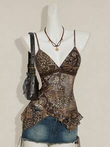 SHEIN ICON 女士复古佩斯利印花拼接不对称下摆可爱性感上衣，秋冬豹纹上衣，棕色上衣，动物纹上衣，蛇纹上衣，女士上衣，优雅时尚 - 摩卡棕 - 查看 6