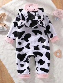 女婴法兰绒奶牛印花爱心连帽连体衣，撞色袖口和脚部设计，可爱奶牛耳朵造型，秋冬季睡衣连体衣，6个月-3岁 - 黑與白 - 查看 2