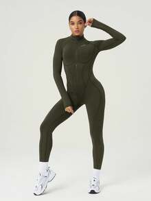 Powerista Solid Color Zipper Stand Collar Tight Fit Long Sleeve Jumpsuit - Army Green - View 7