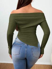 SHEIN Foxxy 女士露肩T恤，肩部收褶，下摆不对称，秋季服装 - 軍綠色 - 查看 2