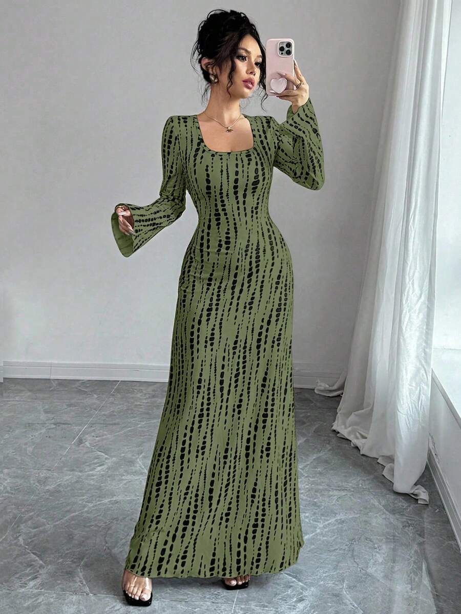 Elenzga Urban Chic Animal Print Square Neck Flare Sleeve Cinched Waist Regular Fit Autumn/Winter Maxi Dress For Women