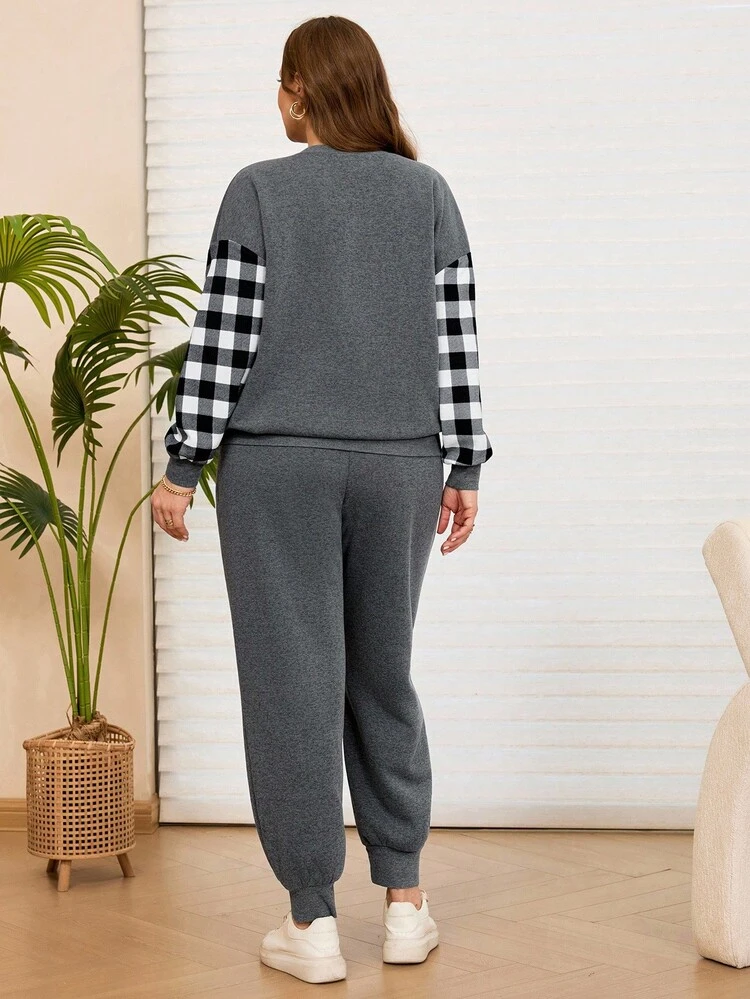 2pcs Plus Size Contrast Color Plaid Round Neck Drop Shoulder Casual Fleece Sweatshirt And Sweatpants Set Two Piece Set Women Comfy  2 Piece Lounge Sets Woman Fall Clothes For Women  Winter Clothes Jogging Suit Sportswear Women's Sport Set  Jogging Set Women's Sport Set