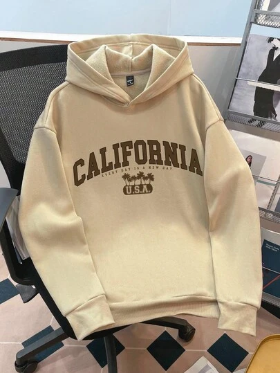 Claim Dot Khaki Oversized "California" Letter Print Loose Drop Shoulder Thick Thermal Lined Hoodie For Men, Fall Winter, Long Sleeve Top