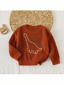 Loomiva Baby Boy Cartoon Dinosaur Pattern Halloween Crew Neck Long Sleeve Sweater Fall Winter - Orange - View 4