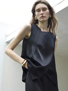 Uhlyne Women's 2 Pieces Set, Minimalist Jacquard Pleated Midi Skirt And Sleeveless Elegant Blouse, Chic Business Casual Outfit For Office, Wedding, Birthday, Church - Black - View 5