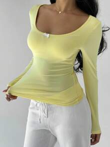 FavEase Top galben cu decolteu în U, croială strâmtă, mânecă lungă, cu pernițe la piept, brodat cu scoici și funde, ținută elegantă, casual, de zi cu zi, potrivită pentru primăvară/toamnă - Galben - Vizualizare 6