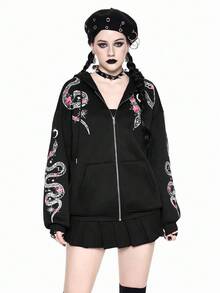 ROMWE Gothic Style Snake & Floral Print Women Hoodie With Thermal Lining - Black - View 5