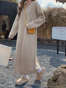 DAZY 女士纯色V领落肩长袖宽松休闲针织连衣裙，秋冬毛衣裙
