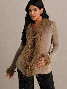 MaterniChic Pregnant Women's Fashionable & Elegant Fuzzy Patchwork Long Sleeve T-Shirt Winter Clothes Elegant  Long Sleeve Going Out Top  Chic Brown Top - Camel - View 1