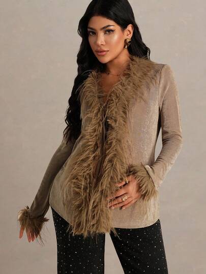 MaterniChic Pregnant Women's Fashionable & Elegant Fuzzy Patchwork Long Sleeve T-Shirt Winter Clothes Elegant  Long Sleeve Going Out Top  Chic Brown Top