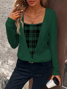 EMERY ROSE Sudadera casual de mujer con mangas largas y parches a cuadros - Verde Oscuro - Ver 3