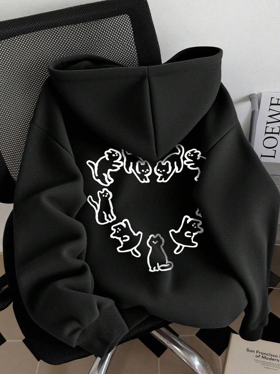 INAWLY Cute Cat & Heart Print Women Hooded Long Sleeve Sweatshirt, Casual Sweatshirt For Autumn/Winter Fall Cloth For Women, Christmas - Black - View 1