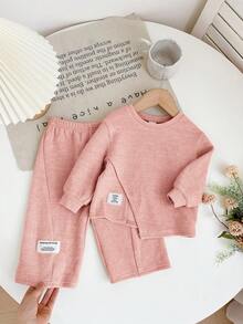 SHEIN LMoss Kids 2 st babyflicka casual stickad rosa långärmad topp och resårmidja byxor set, höst/vinter - Rosa - Visa 4