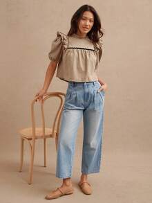 WESTFADE Top de muñeca de estilo occidental con cuello de pico, mangas con volantes y ribete de contraste