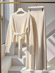 Franclia 2件套春季新品高品质韩版简约百搭优雅女士毛衣套装 - 杏色 - 查看 1