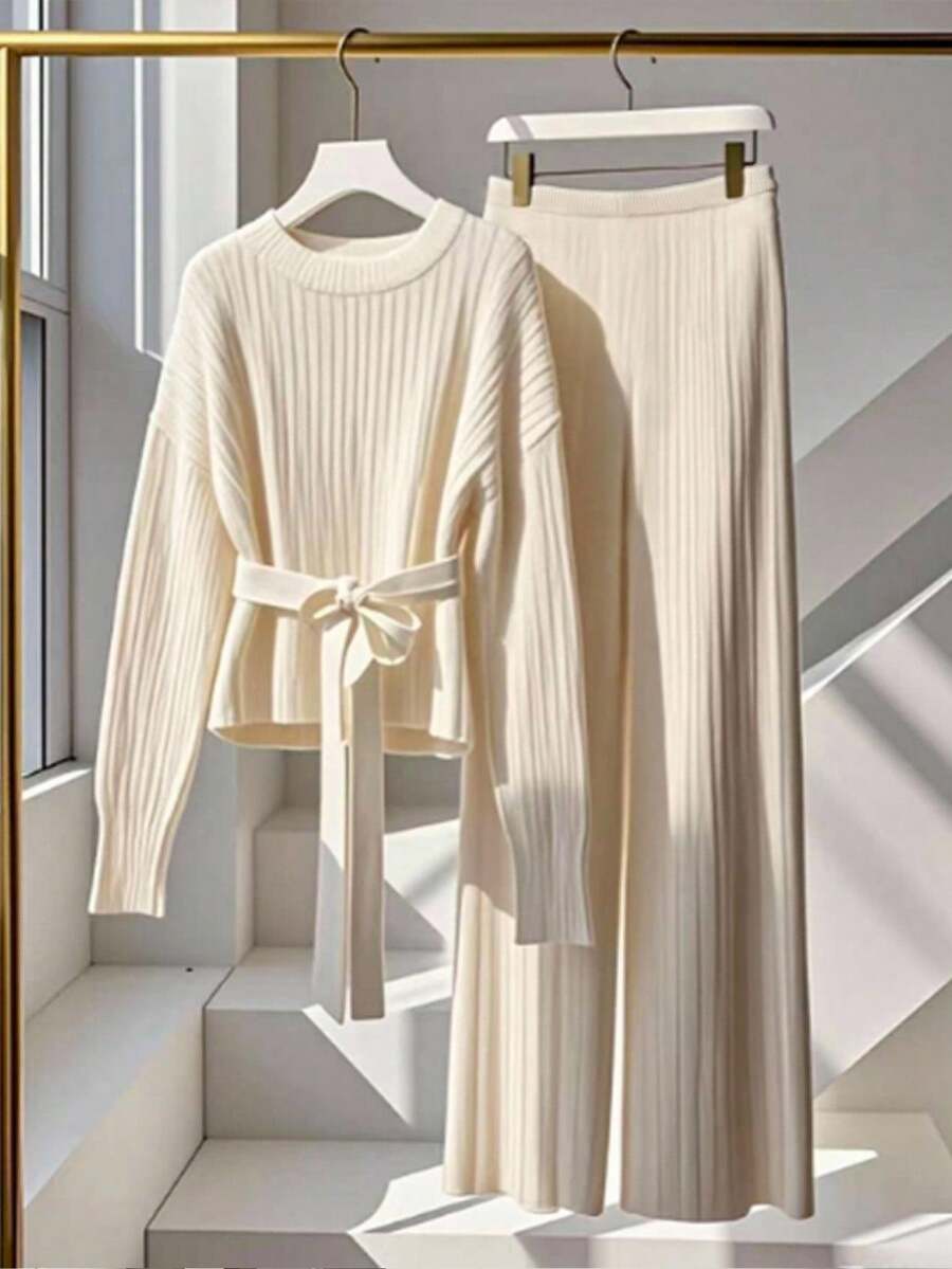 Franclia 2件套春季新品高品质韩版简约百搭优雅女士毛衣套装 - 杏色 - 查看 1