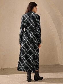 Wildy Women's Black And White Checkered Autumn Casual Western Occasion Plaid Dress,Elegant Waist Tie Long Sleeve Button-Down Soft Viscose Midi Party Dress - Black - View 5